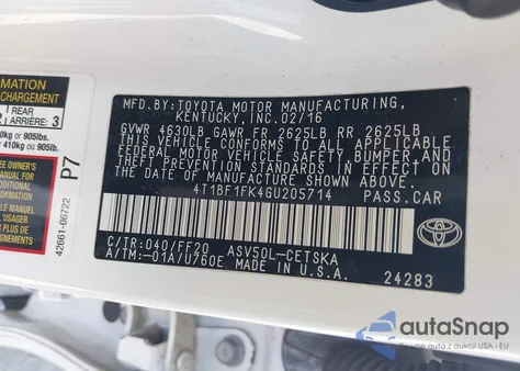 2016 Toyota Camry Se from USA, damaged, VIN 4T1BF1FK4GU205714